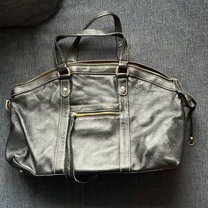 BARNEYS NEW YORK genuine leather black satchel with gold hardware